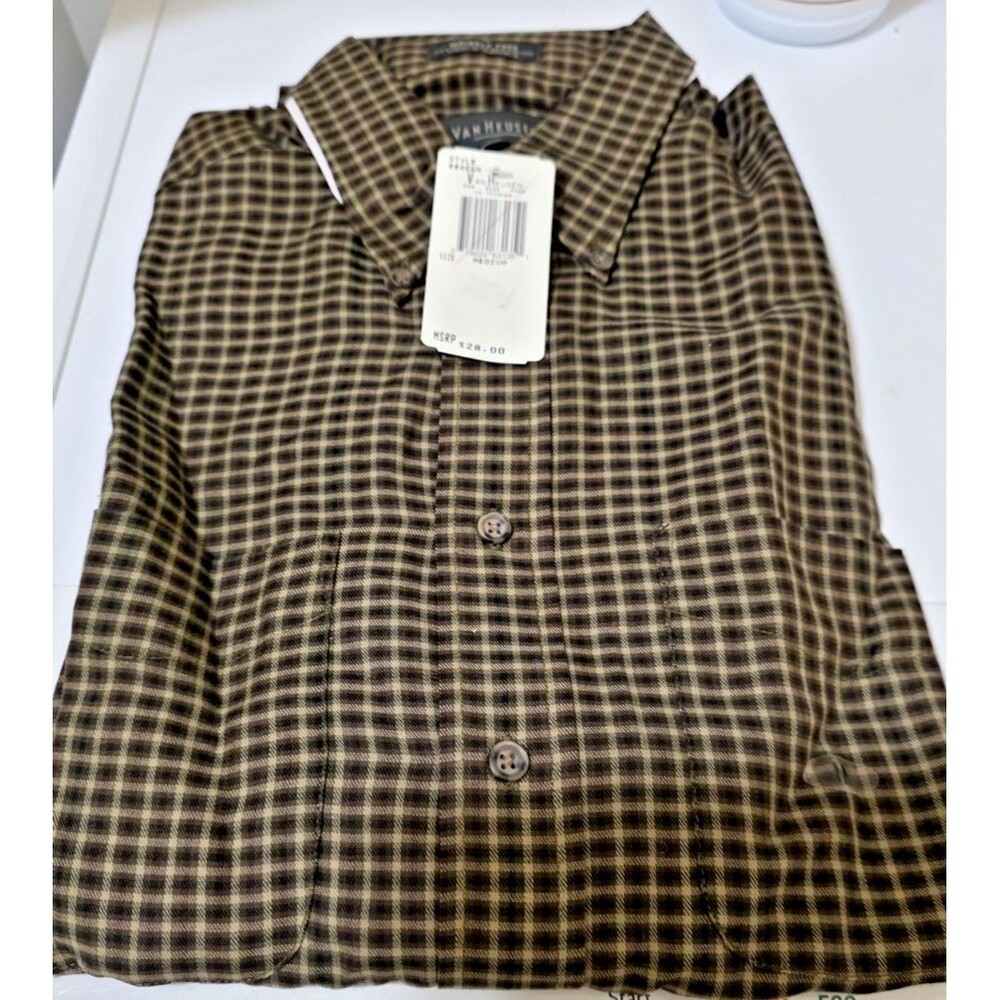 Men's 15 1/2 Van Heusen Brown Plaid Wrinkle-Resistant Long Sleeve Shirt NEW